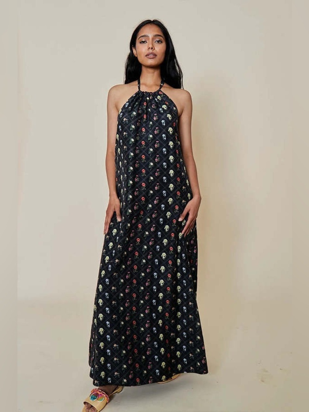 NWT Rachel antonoff Rainey black halter floral silk cotton backless maxi dress M